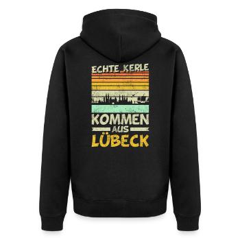 Lübeck | Lustige Männer Geschenke - Unisex Premium Bio Zip Hoodie - Schwarz - Hinten - Nico (187cm)
