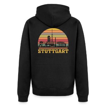 Stuttgart Retro | Stuttgarter Skyline Vintage - Unisex Premium Bio Zip Hoodie - Schwarz - Hinten - Nico (187cm)