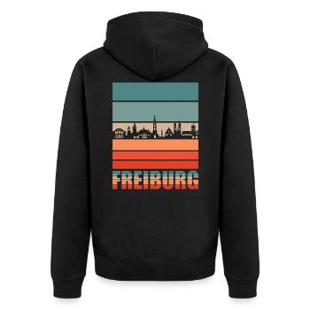 Freiburg | Freiburg Skyline - Unisex Premium Bio Zip Hoodie - Schwarz - Hinten - Nico (187cm)