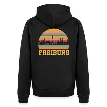 Freiburg | Freiburg Skyline Retro - Unisex Premium Bio Zip Hoodie - Schwarz - Hinten - Nico (187cm)