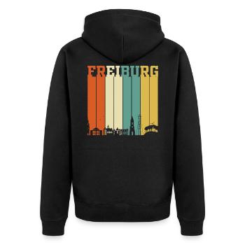 Freiburg Skyline - Unisex Premium Bio Zip Hoodie - Schwarz - Hinten - Nico (187cm)