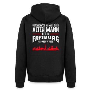 Freiburg - Alter Mann | Retro Vintage Style - Unisex Premium Bio Zip Hoodie - Schwarz - Hinten - Nico (187cm)
