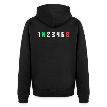 Motorrad Motorradfahrer Schaltung - Unisex Premium Bio Zip Hoodie - Schwarz - Hinten - Nico (187cm)