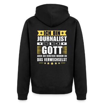Ich bin Journalist und nicht Gott - Unisex Premium Bio Zip Hoodie - Schwarz - Hinten - Nico (187cm)