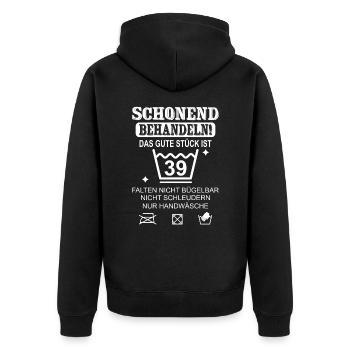 Schonend Behandeln Geschenk zum 39. Geburtstag - Unisex Premium Bio Zip Hoodie - Schwarz - Hinten - Nico (187cm)