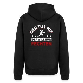Der tut nix der will nur fechten - Spruch - Unisex Premium Bio Zip Hoodie - Schwarz - Hinten - Nico (187cm)