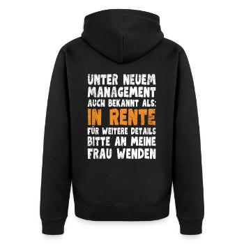 Unter Neuem Management - für Rentner - Unisex Premium Bio Zip Hoodie - Schwarz - Hinten - Nico (187cm)