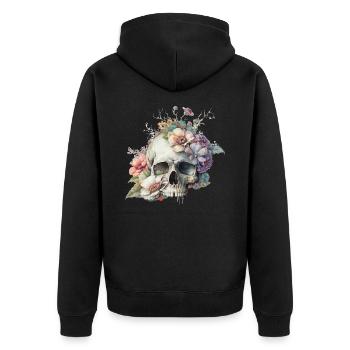 Totenkopf mit bunten Blumen - Unisex Premium Bio Zip Hoodie - Schwarz - Hinten - Nico (187cm)