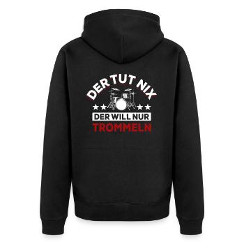 Der tut nix der will nur trommeln - Spruch - Unisex Premium Bio Zip Hoodie - Schwarz - Hinten - Nico (187cm)