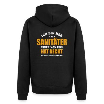 Ich bin der Sanitäter - einer von uns hat Recht - Unisex Premium Bio Zip Hoodie - Schwarz - Hinten - Nico (187cm)
