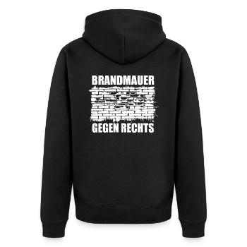 Brandmauer - Gegen Rechts, gegen Hetze - Unisex Premium Bio Zip Hoodie - Schwarz - Hinten - Nico (187cm)