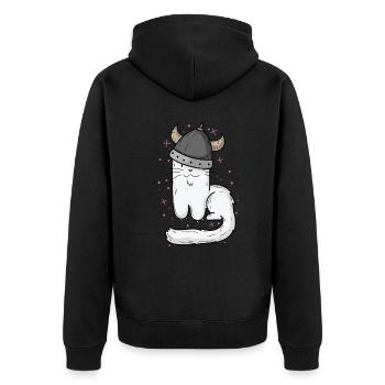 Katze mit Wikinger Helm und Krallen - Unisex Premium Bio Zip Hoodie - Schwarz - Hinten - Nico (187cm)