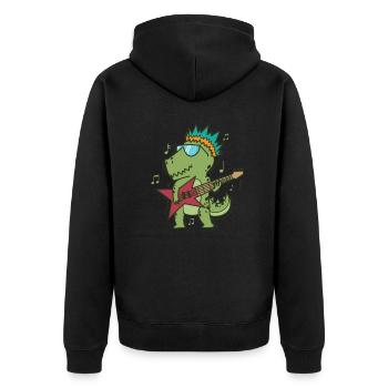 Kleiner T-Rex Dino spielt Rockgitarre - Unisex Premium Bio Zip Hoodie - Schwarz - Hinten - Nico (187cm)