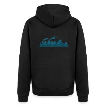 Skyline devant l’industrie et la ville des fusées - Veste à capuche bio Premium Unisexe - noir - Dos - Nico (187cm)