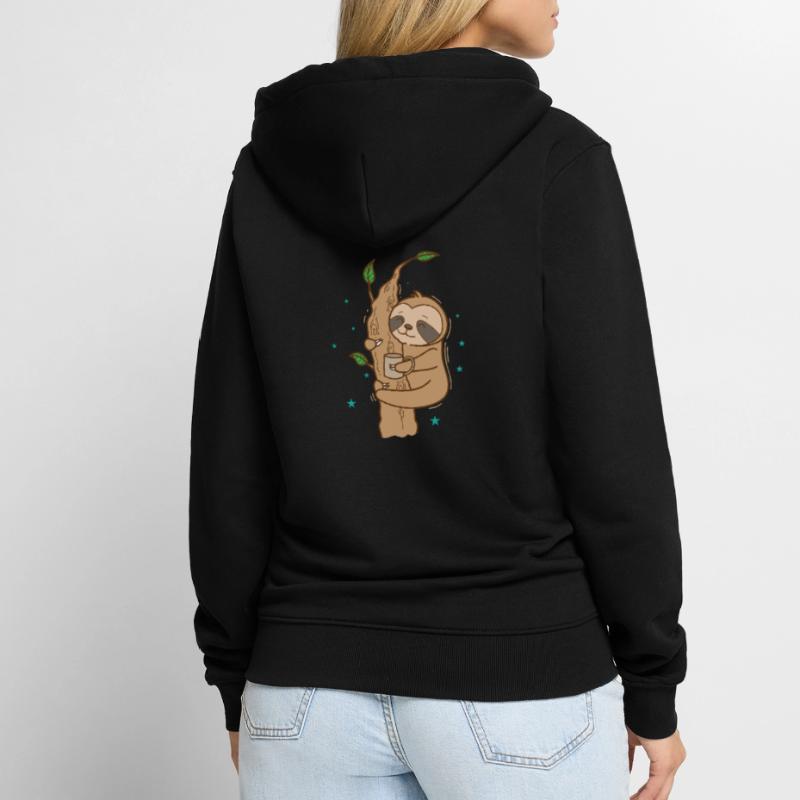Faultier mit Tasse Tee oder Kaffee faul Unisex Premium Bio Zip Hoodie