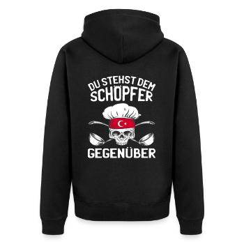 Koch Kochen Sarkasmus - Dem Schöpfer Gegenüber - Unisex Premium Bio Zip Hoodie - Schwarz - Hinten - Nico (187cm)