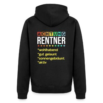 Achtung Rentner Lustige Renten Sprüche Rente Motiv - Unisex Premium Bio Zip Hoodie - Schwarz - Hinten - Nico (187cm)