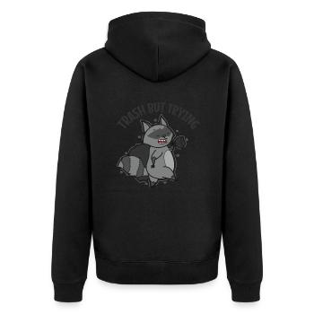 Trash but Trying Waschbär Nachtaktiv - Unisex Premium Bio Zip Hoodie - Schwarz - Hinten - Nico (187cm)