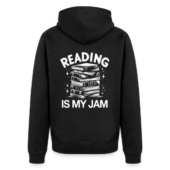 Bücher Buch lesen Bücherei Bibliothek Bücherwurm - Unisex Premium Bio Zip Hoodie - Schwarz - Hinten - Nico (187cm)