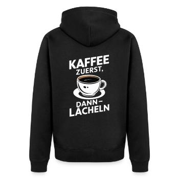 Kaffee Coffee Kaffeetrinker Kaffeeliebhaber - Unisex Premium Bio Zip Hoodie - Schwarz - Hinten - Nico (187cm)