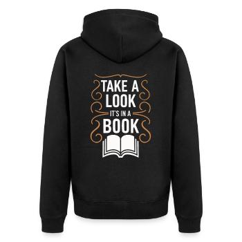 Bücher Buch lesen Bücherei Bibliothek Bücherwurm - Unisex Premium Bio Zip Hoodie - Schwarz - Hinten - Nico (187cm)