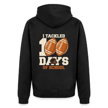 Ich habe 100 Tage in Angriff genommen - Meilenstein der Fußballschule - Unisex Premium Bio Zip Hoodie - Schwarz - Hinten - Nico (187cm)