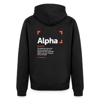 Alpha Definition Personalisierter Name Alpha - Unisex Premium Bio Zip Hoodie - Schwarz - Hinten - Nico (187cm)