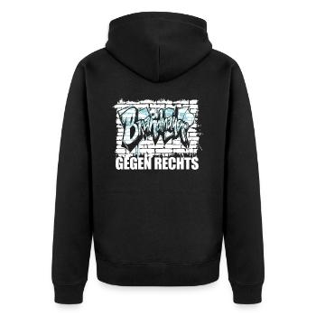 Brandmauer - Gegen Rechts, gegen Hetze - Unisex Premium Bio Zip Hoodie - Schwarz - Hinten - Nico (187cm)