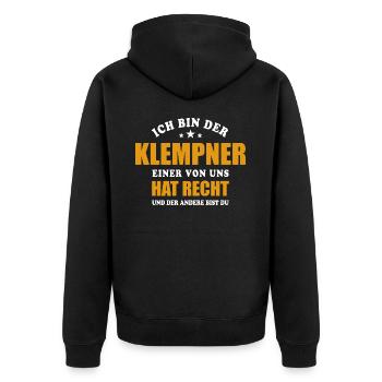 Ich bin der Klempner - einer von uns hat Recht - Unisex Premium Bio Zip Hoodie - Schwarz - Hinten - Nico (187cm)
