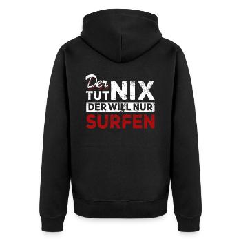Der tut nix der will nur surfen - Spruch - Unisex Premium Bio Zip Hoodie - Schwarz - Hinten - Nico (187cm)