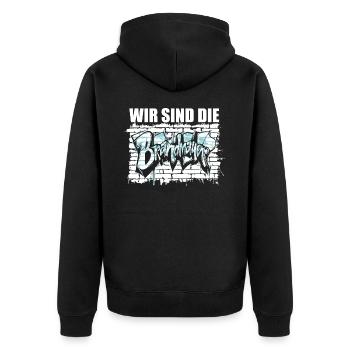 Wir sind die Brandmauer, Gegen Rechts, gegen Hetze - Unisex Premium Bio Zip Hoodie - Schwarz - Hinten - Nico (187cm)