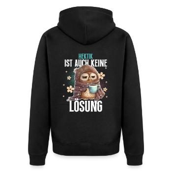 Eule Kaffee Hektik Ist Auch Keine Lösung - Unisex Premium Bio Zip Hoodie - Schwarz - Hinten - Nico (187cm)