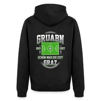 Gruabn Nostalgie: Erinnerungen an Graz und Fußball - Unisex Premium Bio Zip Hoodie - Schwarz - Hinten - Nico (187cm)