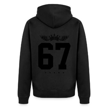 67 Zahl Krone - Unisex Premium Bio Zip Hoodie - Schwarz - Hinten - Nico (187cm)