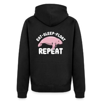 Eat Sleep Float Repeat - Manatee Spruch - Unisex Premium Bio Zip Hoodie - Schwarz - Hinten - Nico (187cm)
