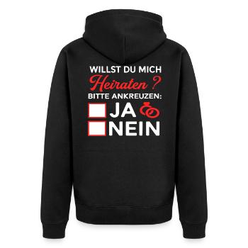 Willst du mich heiraten ? ja nein Hochzeitsantrag - Unisex Premium Bio Zip Hoodie - Schwarz - Hinten - Nico (187cm)