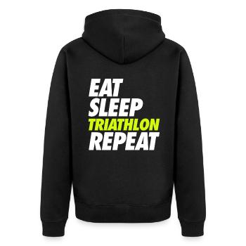 Eat Sleep Triathlon Repeat - Unisex Premium Bio Zip Hoodie - Schwarz - Hinten - Nico (187cm)