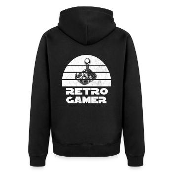 Retro Gamer Design mit Joystick - Unisex Premium Bio Zip Hoodie - Schwarz - Hinten - Nico (187cm)