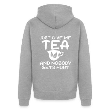 Teeliebhaber Geschenke - Unisex Premium Bio Zip Hoodie - Grau meliert - Hinten - Nico (187cm)