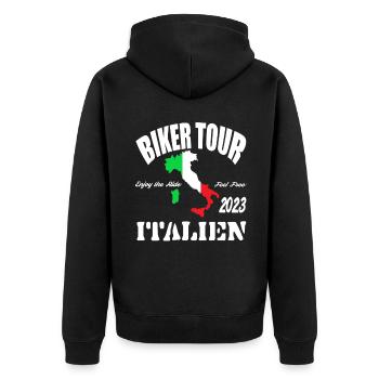 Biker Tour 2023 Italien Motorrad Reise Urlaub - Unisex Premium Bio Zip Hoodie - Schwarz - Hinten - Nico (187cm)