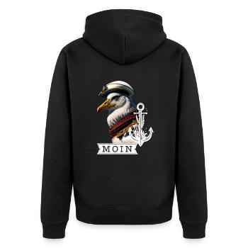 Coole Möwe, Kapitän Küste See Meer , Spruch Moin - Unisex Premium Bio Zip Hoodie - Schwarz - Hinten - Nico (187cm)