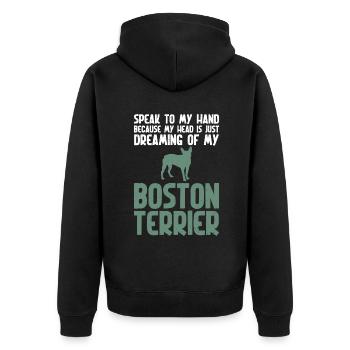 Boston Terrier Gifts - Unisex Premium Bio Zip Hoodie - Schwarz - Hinten - Nico (187cm)