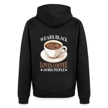 Wears Black Loves Coffee Avoids People - Unisex Premium Bio Zip Hoodie - Schwarz - Hinten - Nico (187cm)
