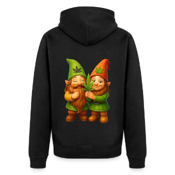 Knuffiges Zwergenpaar mit Cannabisblatt - Weed - Unisex Premium Bio Zip Hoodie - Schwarz - Hinten - Nico (187cm)