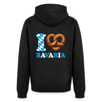 I Love Bavaria Brezel - Herz - Spruch - Unisex Premium Bio Zip Hoodie - Schwarz - Hinten - Nico (187cm)