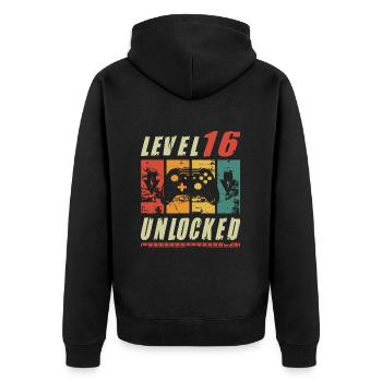 Niveau 16 Joueur débloqué présentant un cadeau de 16e anniversaire - Veste à capuche bio Premium Unisexe - noir - Dos - Nico (187cm)