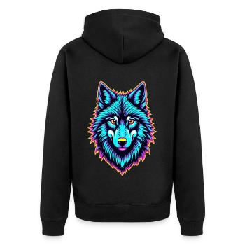 Neon Wolfskopf – Psychedelisch leuchtendes Tierdesign - Unisex Premium Bio Zip Hoodie - Schwarz - Hinten - Nico (187cm)