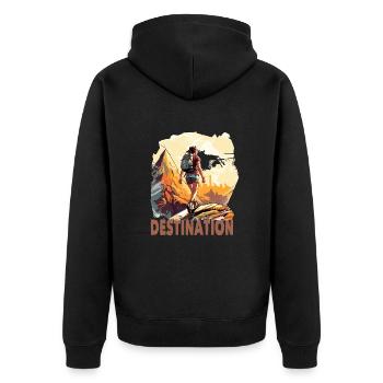 Wandern Frau Berge Destination - Unisex Premium Bio Zip Hoodie - Schwarz - Hinten - Nico (187cm)