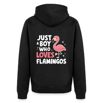 Flamingo Tier Rosa - Unisex Premium Bio Zip Hoodie - Schwarz - Hinten - Nico (187cm)