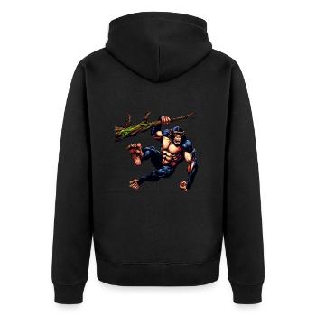 Affe hängt am Baum, Muskulöser Affe, Fitness - Unisex Premium Bio Zip Hoodie - Schwarz - Hinten - Nico (187cm)